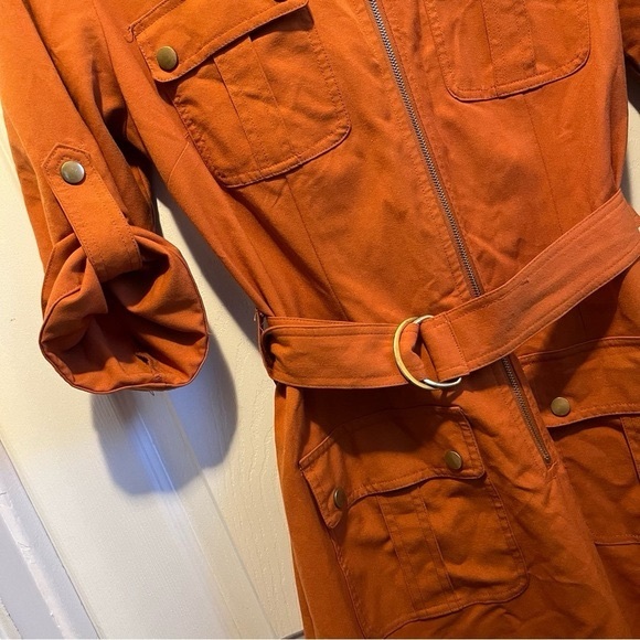 Sharagano Dress orange women Large belt midi summer pocket shirt sleeve - Picture 5 of 6